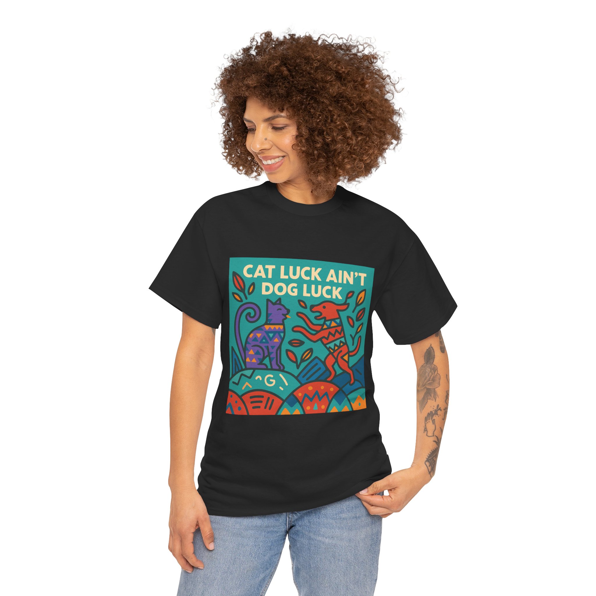 Whimsical Unisex Heavy Cotton Tee - "Cat Luck - Image 5