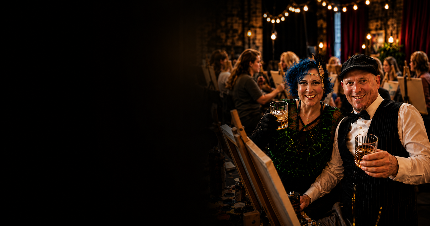 Guests in 1920s costume raising a glass at an Oya Arts paint and sip mystery night